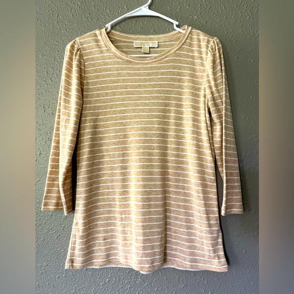 Michael Kors women’s small tan and white striped half-sleeve blouse top,… - Picture 1 of 7
